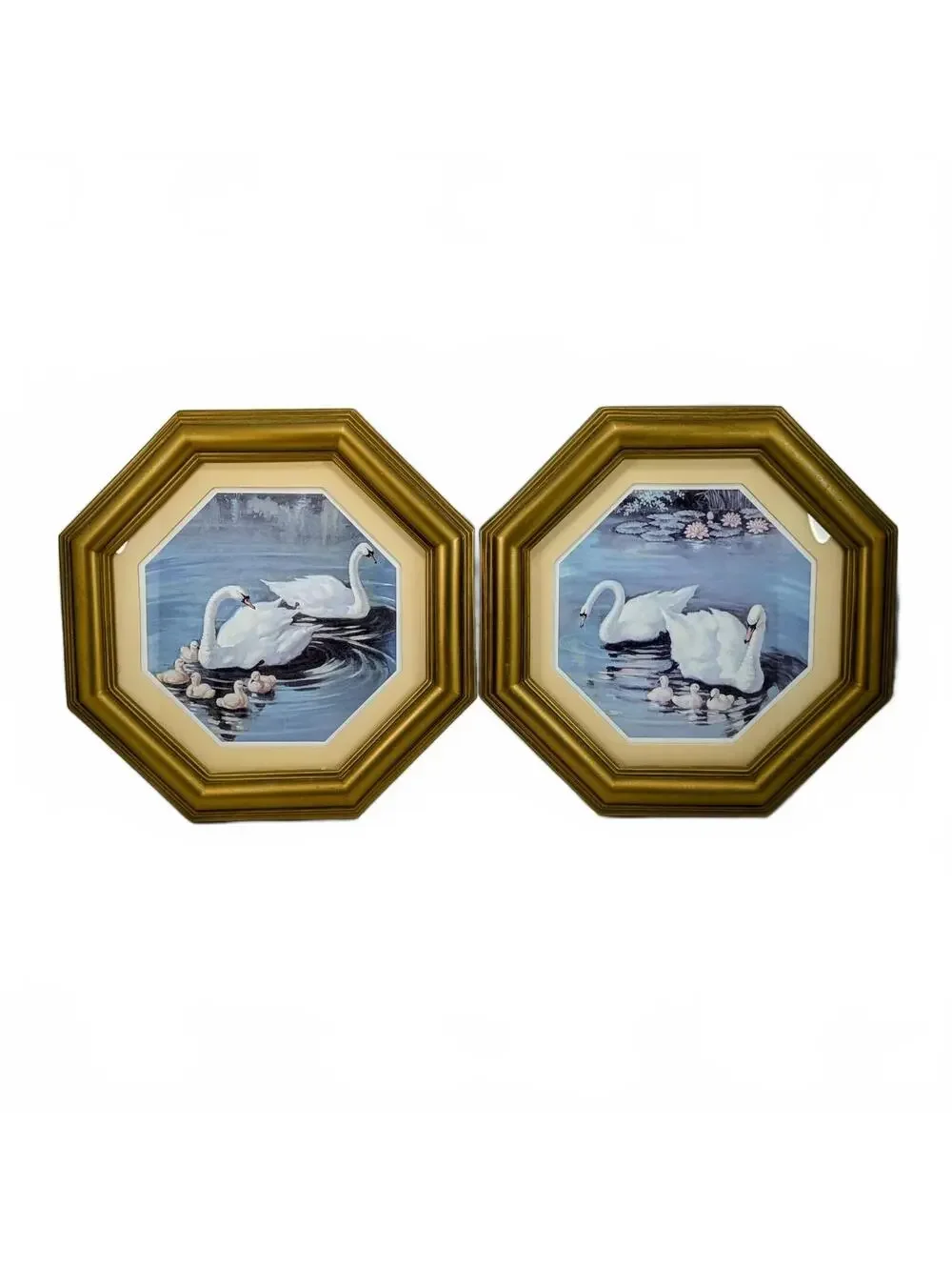 Vtg Homco Octogonal Framed Swan & Chicks Art - Set of 2